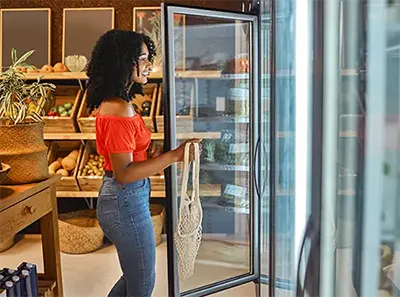 Women opening door of Micro-market with Grab And Go Food, Snacks, and Drinks