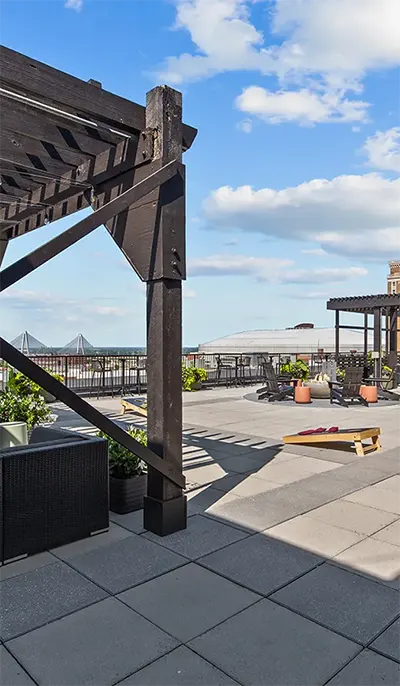 Gaming Area on Rooftop Deck with Cornhole, Pergola with Lounge Seating, Fire Pit, Grilling Station, and Downtown St. Louis City Views